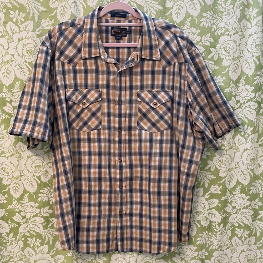 Pendleton Short Sleeve Plaid Button-Down Shirt in Blue and Tan